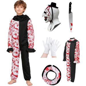 Art Clown Costume Kids Terrifying Mask Scary Killer Clown Costume Halloween Cosplay Outfit Boys Girls (Small/120)