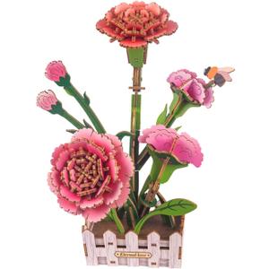 3D Wooden Flower Puzzles for Adults Carnation, DIY Valentines Day Flower Building Set Wooden Craft Kits Home Decoration, for Women Mom Birthday Thanks Giving