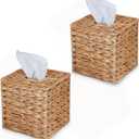 Set of 2 Water Hyacinth Handwoven Tissue Box Cover, Natural Handmade Wicker Napkin Box Holder, Handcrafted Square Facial Tissue, Rustic Decorative on Table and Bathroom, Office, Boho Decorative