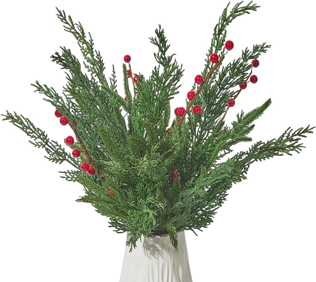 22.8 Inch Christmas Greenery Stems - Artificial Pine Branches, Faux Cedar Cypress Norfolk Pine Picks with Red Berries for Vase Xmas Decor 3 Pcs