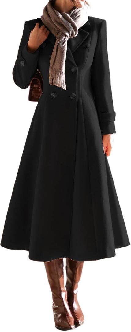 IDEALSANXUN Womens Long Wool Coat Fall Winter Double Breasted Trench Coat Peacoat Jackets (Black, L)
