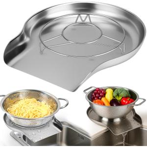 Palksky Colander and Strainer Self Drainer Base Plate Stainless Steel for Kitchen, Metal Countertop Draining Tray for Pasta Rice Noodle Fruit Veggie Food Strainer & Ceramic Colander