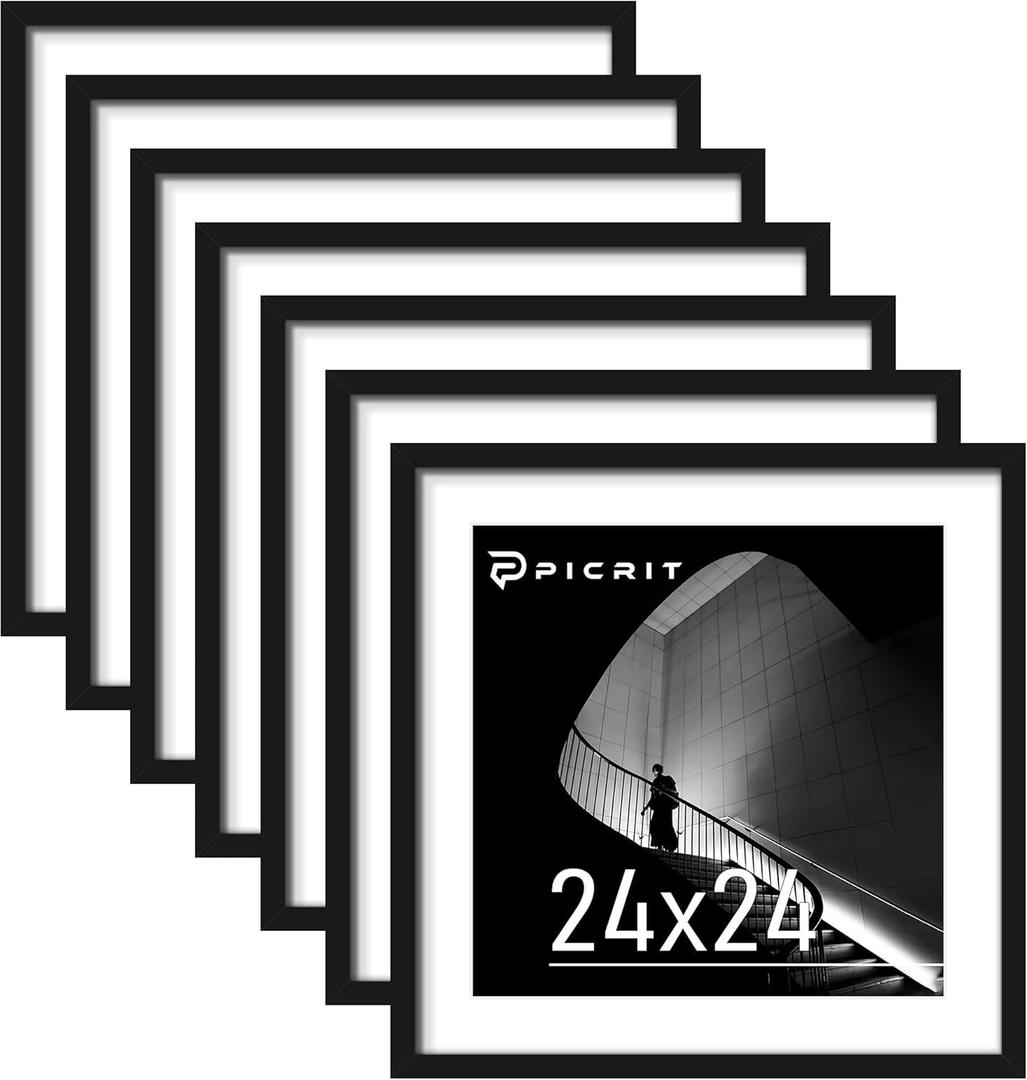 Picrit 24x24 Black Poster Frame 7 Pack, Display Pictures 20 x 20 Picture with Mat or 24 x 24 without Mat for Horizontal or Vertical Wall Mounting, Wall Gallery Photo Frames