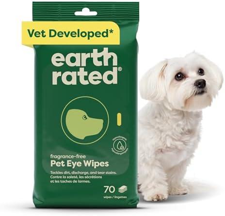 Earth Rated Vet-Developed Pet Eye Wipes, Hypoallergenic Cleaner for Dogs & Cats Eyes to Remove Dirt & Discharge, Fragrance Free, 70 Count