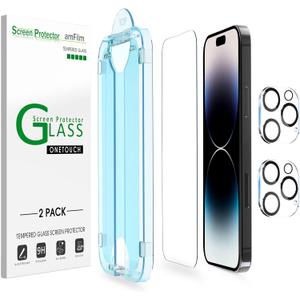 amFilm 2 Pack Tempered Glass Screen Protector + Camera Lens Protector for iPhone 14 Pro Max 6.7 Inch. Easy OneTouch Installation, Auto-Alignment, Bubble Free, Case Friendly, Anti-Scratch