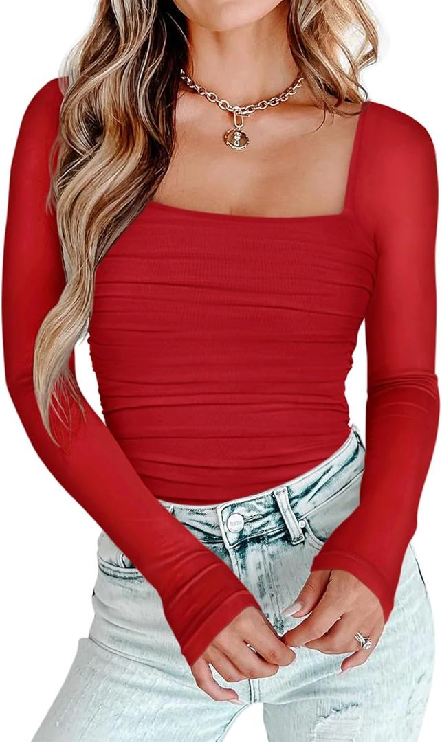 PINKMSTYLE Womens Square Neck Mesh Long Sleeve Bodysuit Shapewear Corset Tops Sexy Concert Outfits Party Shirts, Small