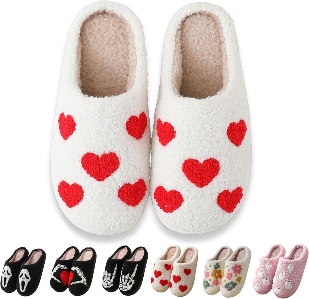 Halloween Slippers for Women Men, Soft Plush Fuzzy Winter holiday slippers, Retro Cozy House Slippers, Comfy Bedroom Christmas Slippers Indoor Outdoor Shoes (10-11 Women/9.5-10 Men, Heart)