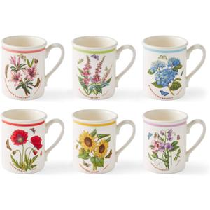 Portmerion Botanic Garden Meadow - 8.5oz Coffee Mug (Set of 6) | Assorted Florals with Colorful Laurel Leaf Border| Earthenware | Microwave & Dishwasher Safe | Breakfast Cups for Tea or Coffee