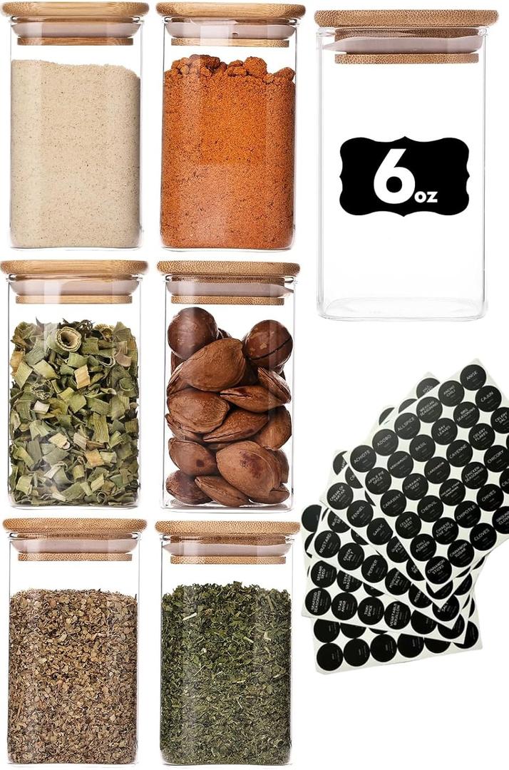 6oz Glass Spice Jars with Bamboo Lid and Label, 6 Pack Square Glass Container, Small Food Storage Containers for Kitchen, Clear Empty Seasoning Jar for Sugar, Salt, Coffee Bean, Herb, Borosilicate
