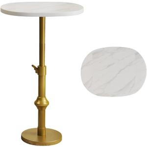 Marble Drink Table, 10"x12"x(22~30") Martini Table with Metal Antique Brass Adjustable Stand Base, Drink Tables for Small Spaces, Living Room, Bedroom, Or Office (White)