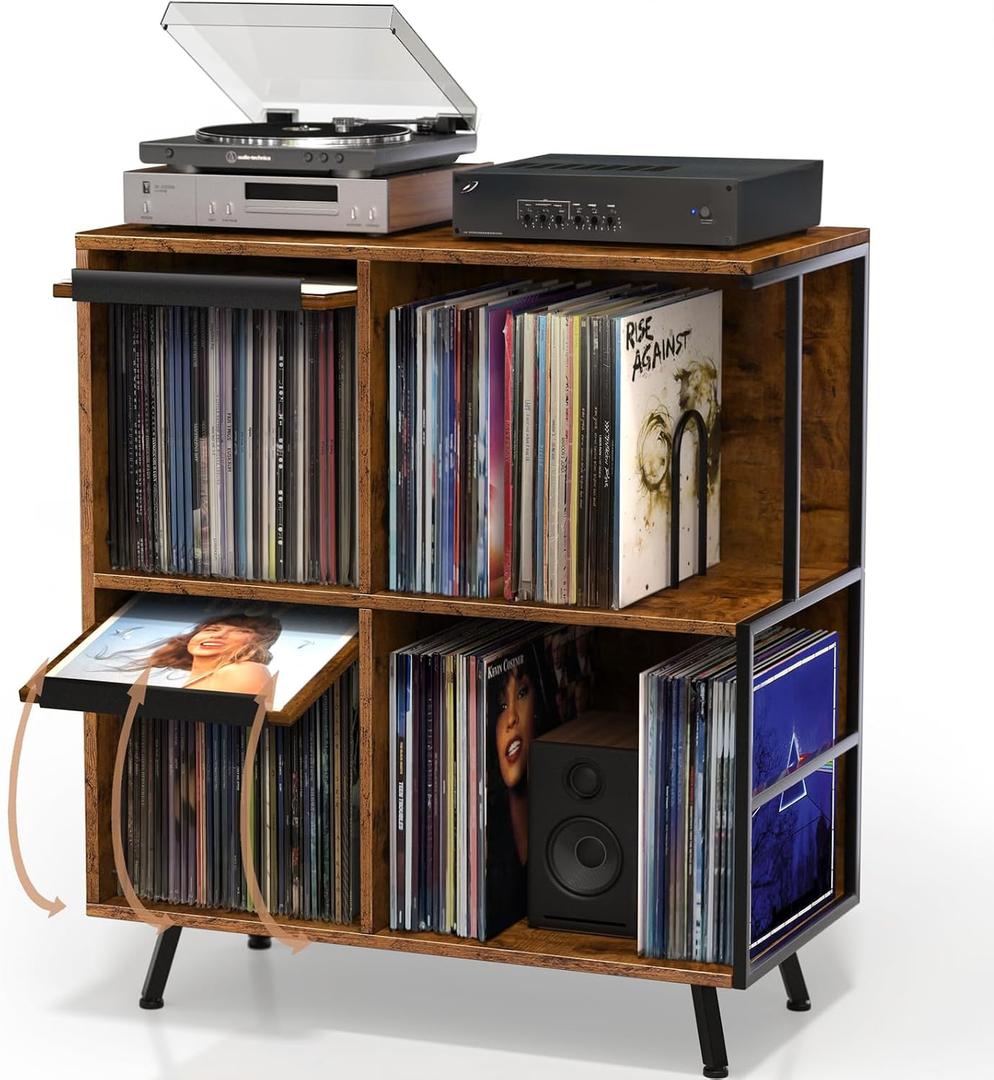 3 Tier Record Player Stand with Flip-Down Record Shelf, Rustic Brown