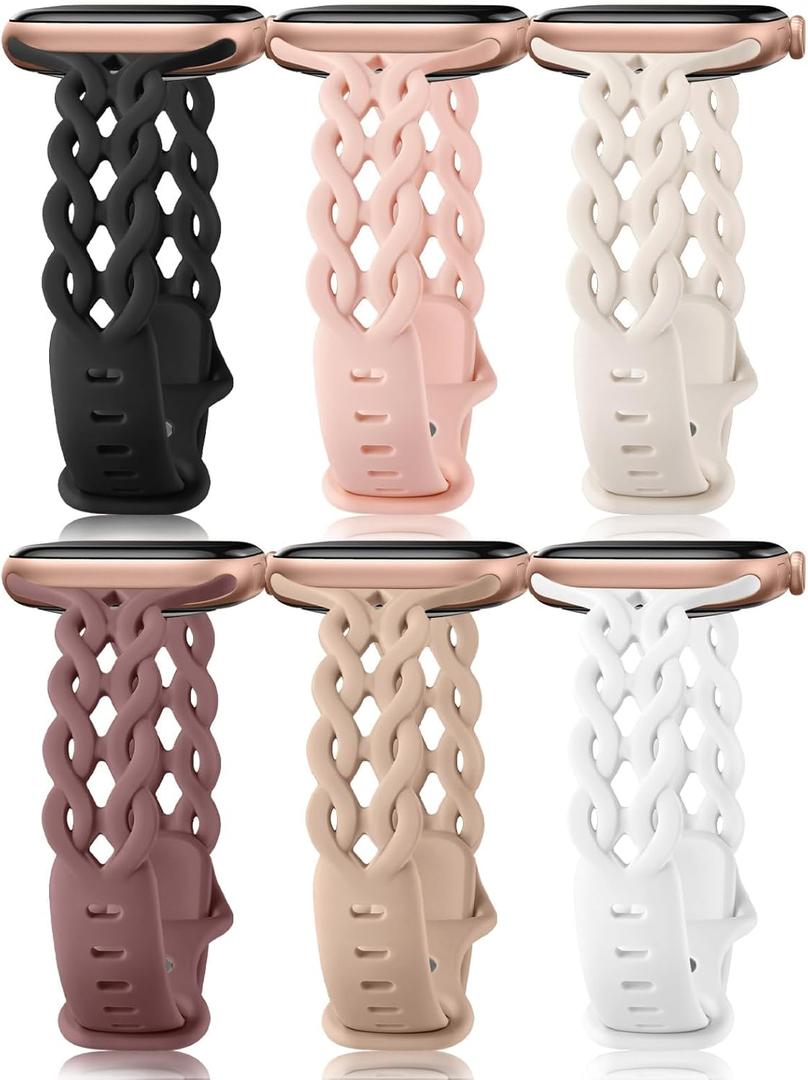 Braided Silicone Bands Compatible with Apple Watch Bands 42mm/44mm/45mm/46mm/49mm  Slim Thin Narrow Hollow-out Strap for iWatch Bands for Women (Series 3)Black/Sand Pink/Starlight/Smoke Purple/le/Milk Tea/White