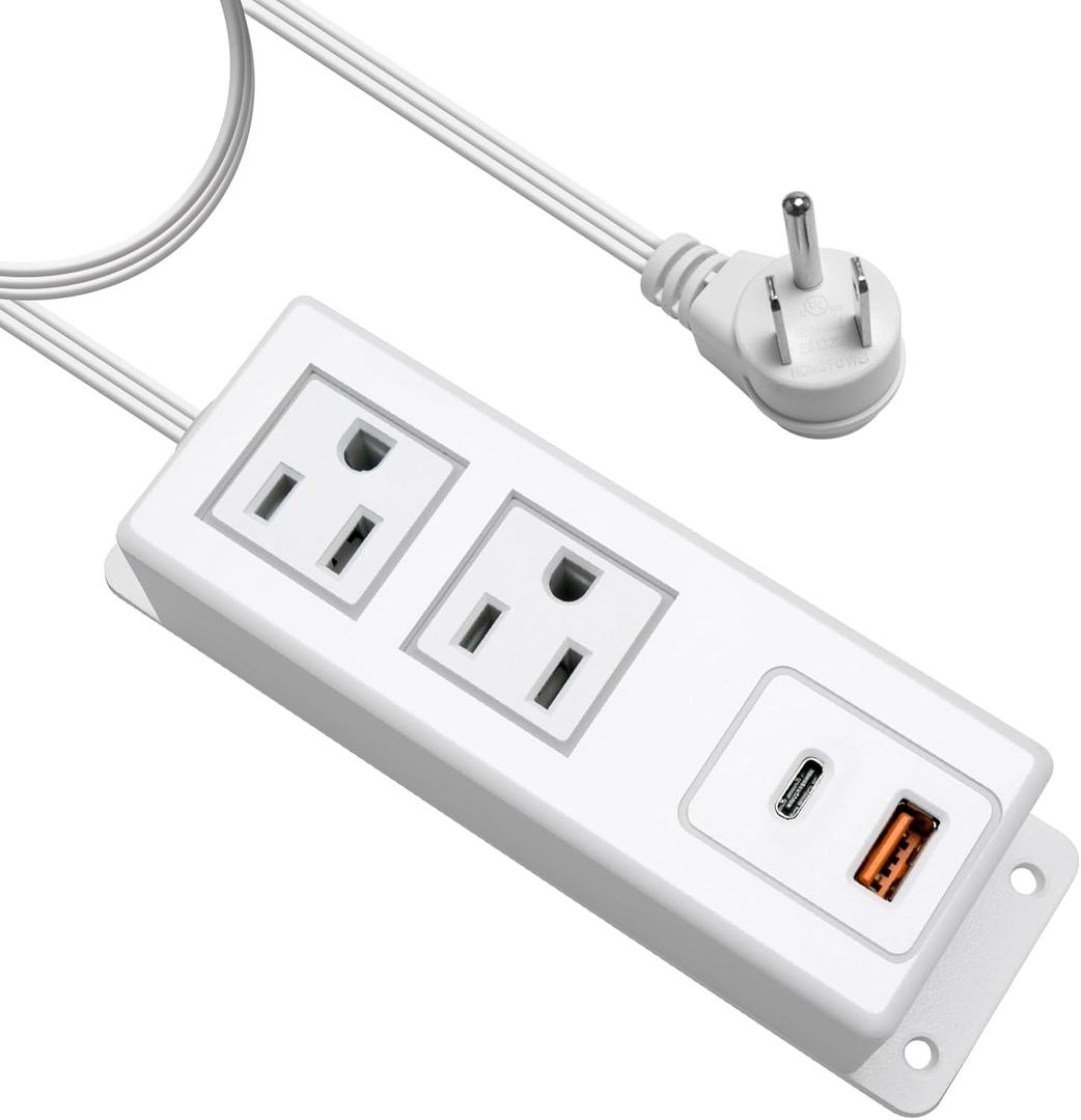 Multiple Plug Outlet with USB C 20W Wall Mounted Power Strip Under Desk Mountable Extension Cord with PD Type C Flat Plug Power Station for Home Workshop Dorm Travel White