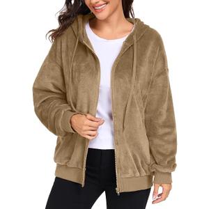 PrinStory Womens Flannel Long Sleeve Zip Up Hoodie with Pockets L