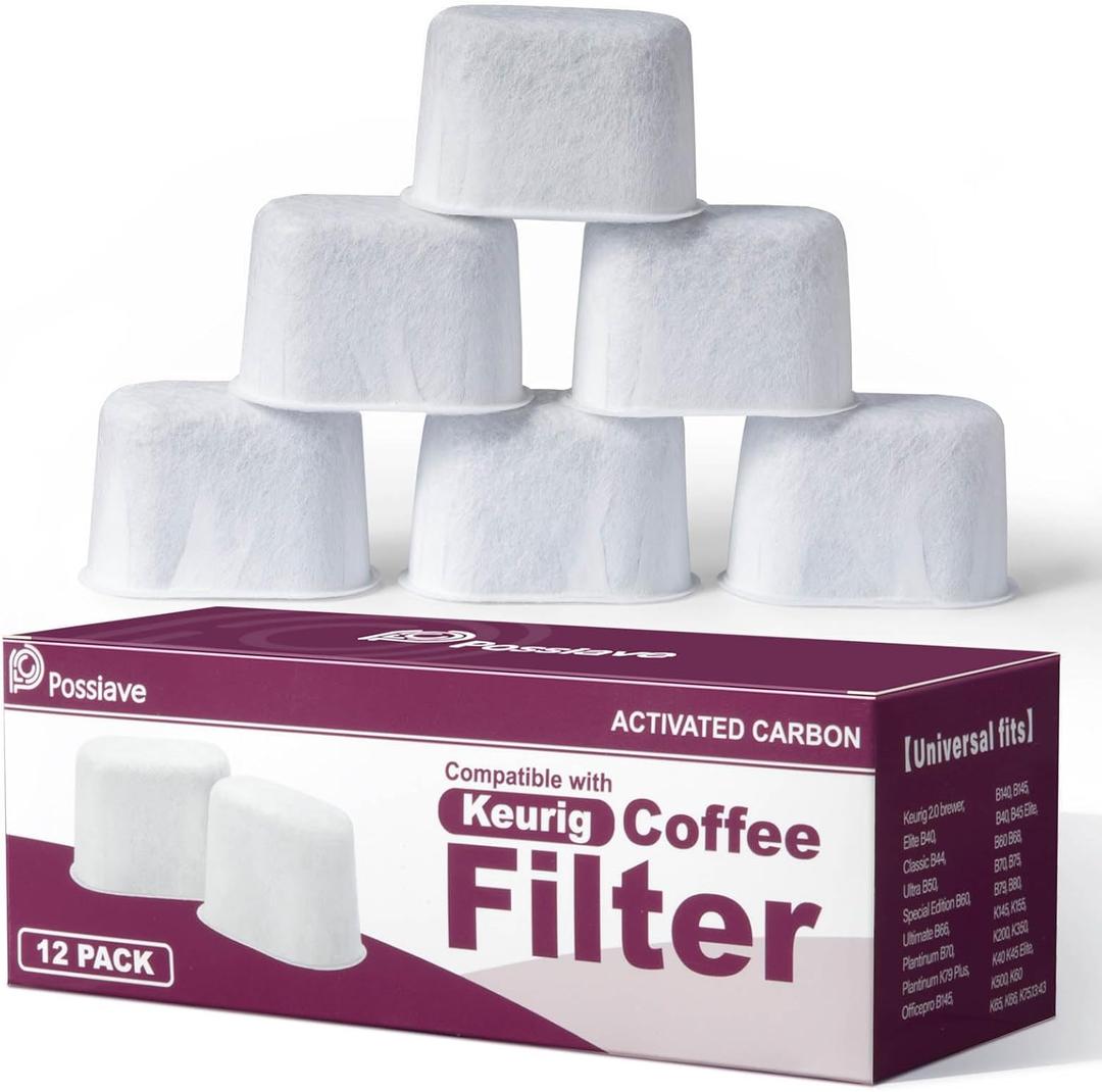 12 Pack Keurig Compatible Water Filters Replacement by Possiave - Charcoal Water Filters for Keurig - Fit Keurig 2.0 and 1.0 Classic Coffee Makers
