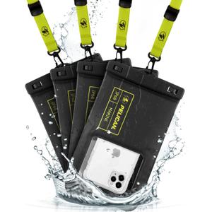 Pelican 4 Pack Marine - IP68 Waterproof Phone Pouch (XL Size) Floating Waterproof Phone Case - Beach Cruise Ship Travel Essentials - Works with All Phones - Detachable Lanyard - Black / Hi-Vis Yellow