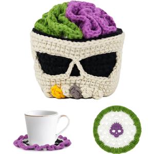 2PCS Halloween Coasters with Holder for Gothic Decor, Handmade Woven Crochet Skull Coasters for Drinks Cup, Unique Coaster for Horror Halloween Party Kitchen Office Coffee Table Decor (Purple&Green)