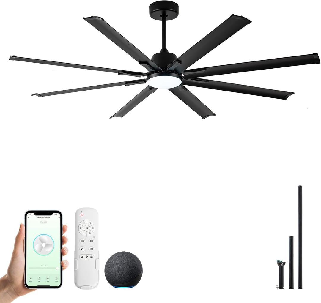 72 Inch Ceiling Fan with Light,Industrial Ceiling Fan with 8 Black Aluminium Blades,Smart Fan Compatible with Alexa,Garage Outdoor Indoor Fan for Patio and Living Room (Black/Single Aluminum-with WIFI)