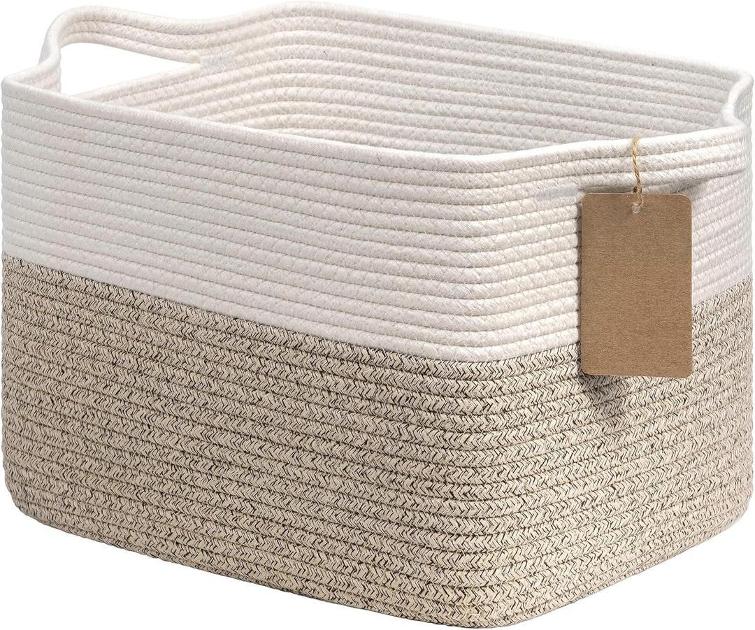 Goodpick Woven Storage Basket, Cotton Rope Basket for Dog Toys, Books, Stylish Gift Basket with Handles, 13 x 10 x 9 Inches Square Baskets for Organizing, Brown and White