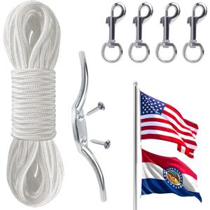 Flag Rope and Clips Kit - 50ft Flag Pole Rope Halyard with Cleat Hook & 4 Pcs Swivel Snap Clips for Flagpoles Up to 25ft, Outdoor Porch Flagpoles Repair Replacement Parts Accessories (White)