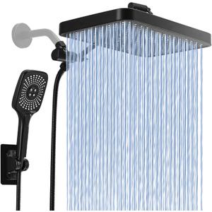 High Pressure Rain Shower Head with Handheld Spray Combo, Adjustable 13" Rainfall Dual ShowerHead with Power Wash Mode, Waterfall Double Tandem Shower Head for Bathroom - Matte Black