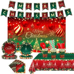 Christmas Party Decorations, Merry Christmas Party Supplies with Xmas Tree and Balls Theme, Disposable Tableware with Paper Plates, Napkins, Cups, Tableclot, Banner, Background Cloth (Serves 20)