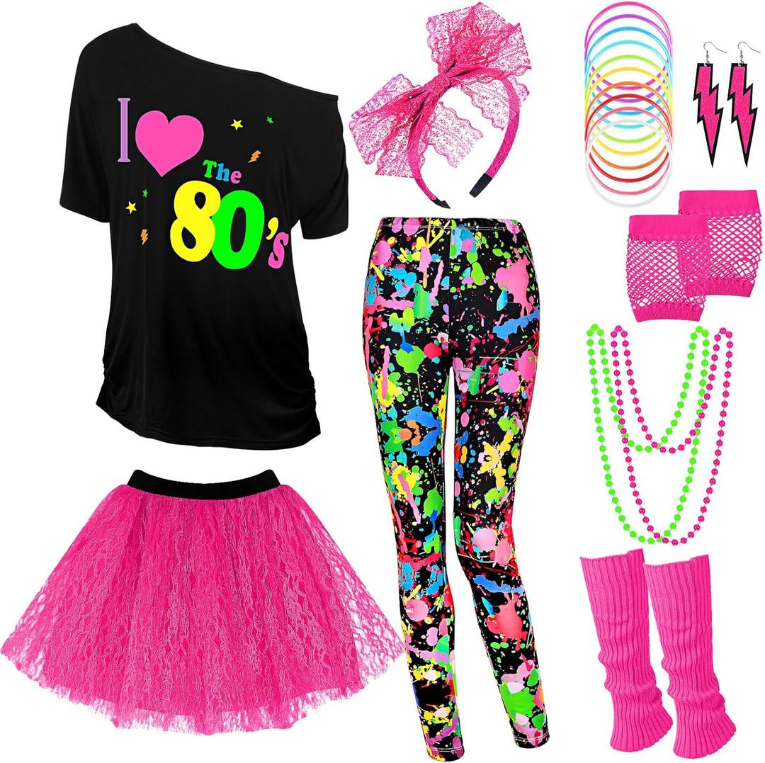 Vabean 19 Pcs 80s Costume Set T Shirt Leggings Tutu Skirt Headband Necklace Bracelets Earrings Gloves Leg Warmers for Women (M)