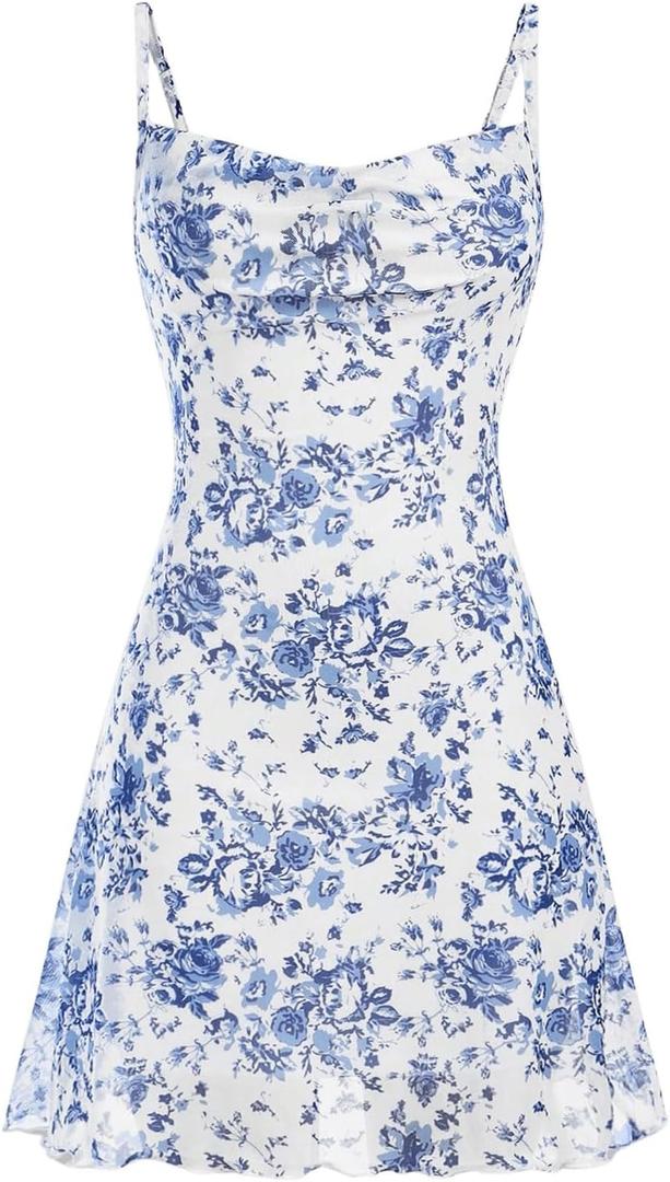 Floerns Girl's Floral Print Spaghetti Strap Sundress Square Neck Ruched Cami Dress (White) 10Y