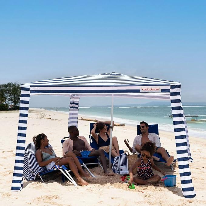 CoolCabana Beach Shade Tent - Easy Setup, UPF 50+ Protection, Large & Medium Sizes, Compact & Wind Resistant - Beach Cabana for The Whole Family - Navy Stripes, Large