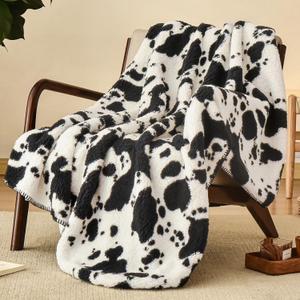 PHF Cute Cow Print Sherpa Throw Blanket for Girls Boys Teens Kids, Reversible Thick and Warm Blanket for Winter, Ultra Soft Fuzzy Animal Pattern Bedding for Bed Sofa Couch, 50x60, Black