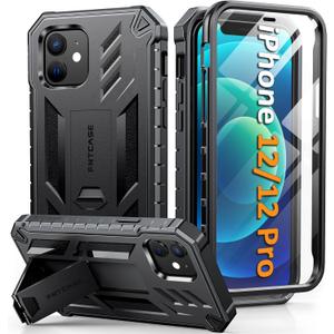 FNTCASE for iPhone 12 Phone Case: for iPhone 12 Pro Phone Case Military Grade Drop Proof Rugged Protective Cover with Kickstand | Matte Textured Shockproof TPU Hybrid Bumper Cases 6.1 inch - Black