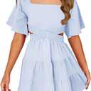 Batermoon Girls Summer Dress Square Neck Short Sleeve Crossover Waist Casual A-line Mini Dress (9-10 Years, Blue)