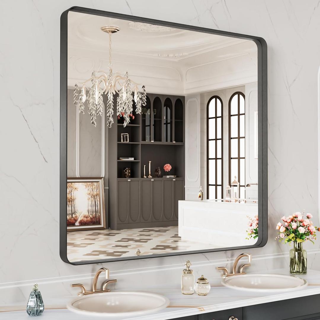 LOAAO 28X32 Inch Black Metal Framed Bathroom Mirror for Wall, Matte Black Bathroom Vanity Mirror Farmhouse, Anti-Rust, Hangs Horizontally or Vertically LOAAO 28X32 Inch Black Metal Framed Bathroom Mirror for Wall, Matte Black Bathroom Vanity Mirror Farmhouse, Anti-Rust, Hangs Horizontally or Vertically