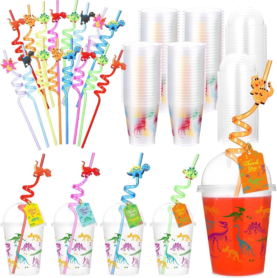 Qinyoung 48 Set Dinosaurs Party Supplies Dinosaur Cups Party Favors Goody Cups with Gift Tags 12 oz Plastic Dino Cup with Lids and Straws Set for Party Decorations
