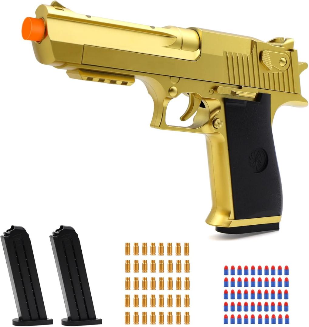 Gold Soft Bullet Toy Gun Shell Ejecting for Boys, Shooting Game Toy Pistol with 50 Foam Bullets, 40 Shells & 2 Clips, Ideal Christmas Birthday Gift for Boys Adults