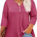 Beautife Womens Plus Size T-Shirts V Neck 3/4 Sleeve Tops Fall Henley Shirts Casual Basic Loose Fit Blouses (Rose Red)