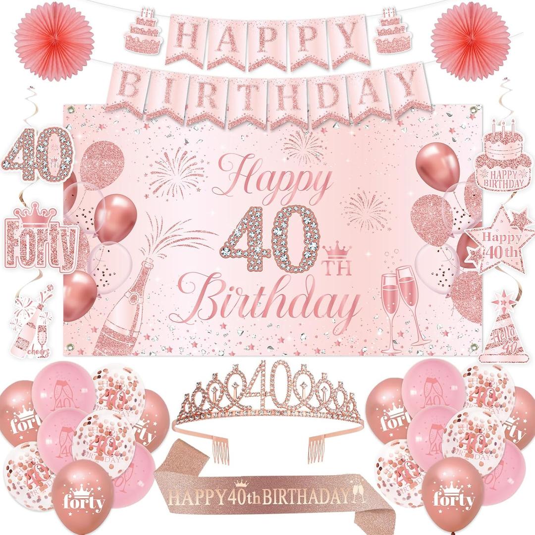 40th Birthday Decorations for Women, 40th Rose Gold Birthday Party Supplies, 40 Years Celebration Kit Including Backdrop, Crown, Sash, banner, Hanging Swirl,Balloons,Paper Fans for Her