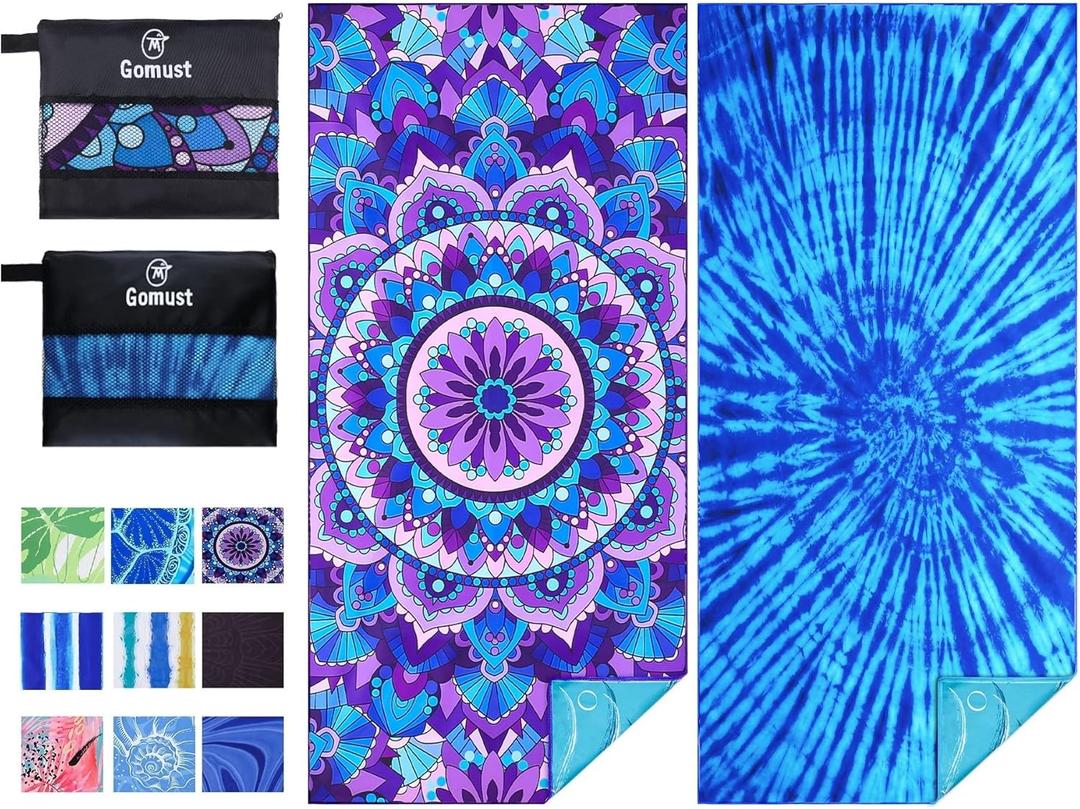 2 Pack Lightweight Thin Beach Towel Oversized 71"x32" Big Extra Large Microfiber Sand Free Towels for Adult Quick Dry Travel Camping Beach Accessories Vacation Essential Gift Blue Tie Dye Turtle