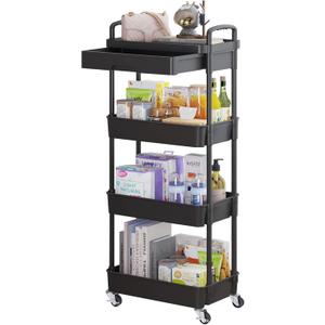 Calmootey 4-Tier Rolling Utility Cart with Drawer,Multifunctional Storage Organizer with Plastic Shelf & Metal Wheel,Storage Cart for Kitchen,Bathroom,Living Room,Office,Black