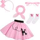 50s Costumes for Girls 1950s Pink Poodle Skirt Set with Eye Glasses Scarf Headband Socks for Kids Halloween Costume (4-6 Years)
