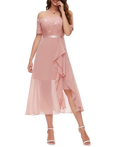 BeryLove Women Homecoming Sequin Formal Cocktail Party Dress Off Shoulder Wedding Guest Midi Evening Glitter Bridesmaid Dresses 7085 (Blush, Large)