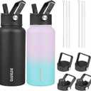 BJPKPK 2 Pack Insulated Water Bottles with Straw Lids, 27oz Stainless Steel Metal Water Bottle with 6 Lids, Leak Proof BPA Free Jugs, Cups, Flasks for Travel, Sports (Lavender Green+Black)
