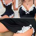 Womens Lace Babydoll V-Neck Lingerie Nightgown with Adjustable Straps, Lace Trim & Soft Modal Fabric (Black)