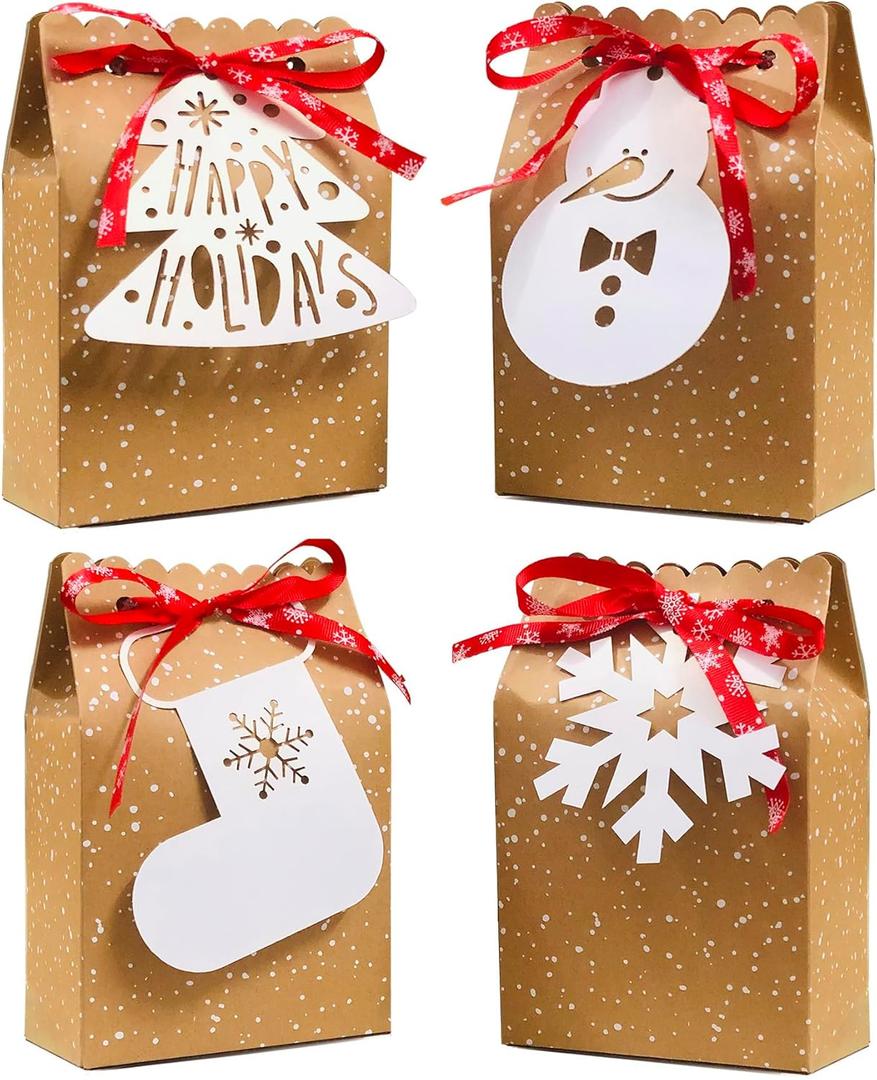 Atpxdk 12pcs Christmas Gift Bags, Assortment Kraft Holiday Treat Gift Bags with Tags for Christmas Party Supplies