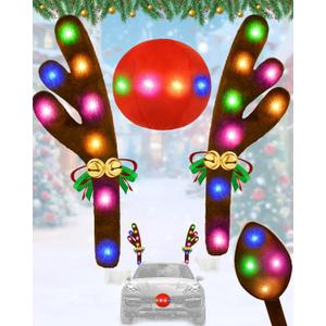 Christmas Reindeer Antlers Car Decoration Kit, LED Lights Nose Vehicle with Jingle Bells Rudolph, Auto Holiday Accessories for SUV Van Truck Decor Multicolor