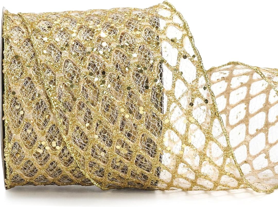 ALTIER 4 Inch x 10 Yards Gold Mesh Glitter Wired Ribbon for Christmas Home Decoration Gift Wrapping Bow Making Wreath DIY Crafts