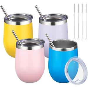 12oz/4 Pack Wine Tumbler Glasses with Lid Stemless Double Wall Vacuum Stainless Steel Travel Tumbler Keeping Cold & Hot for Wine,Coffee,Cocktails,Christmas Drinks-Family and Gifts(Multi color-7)