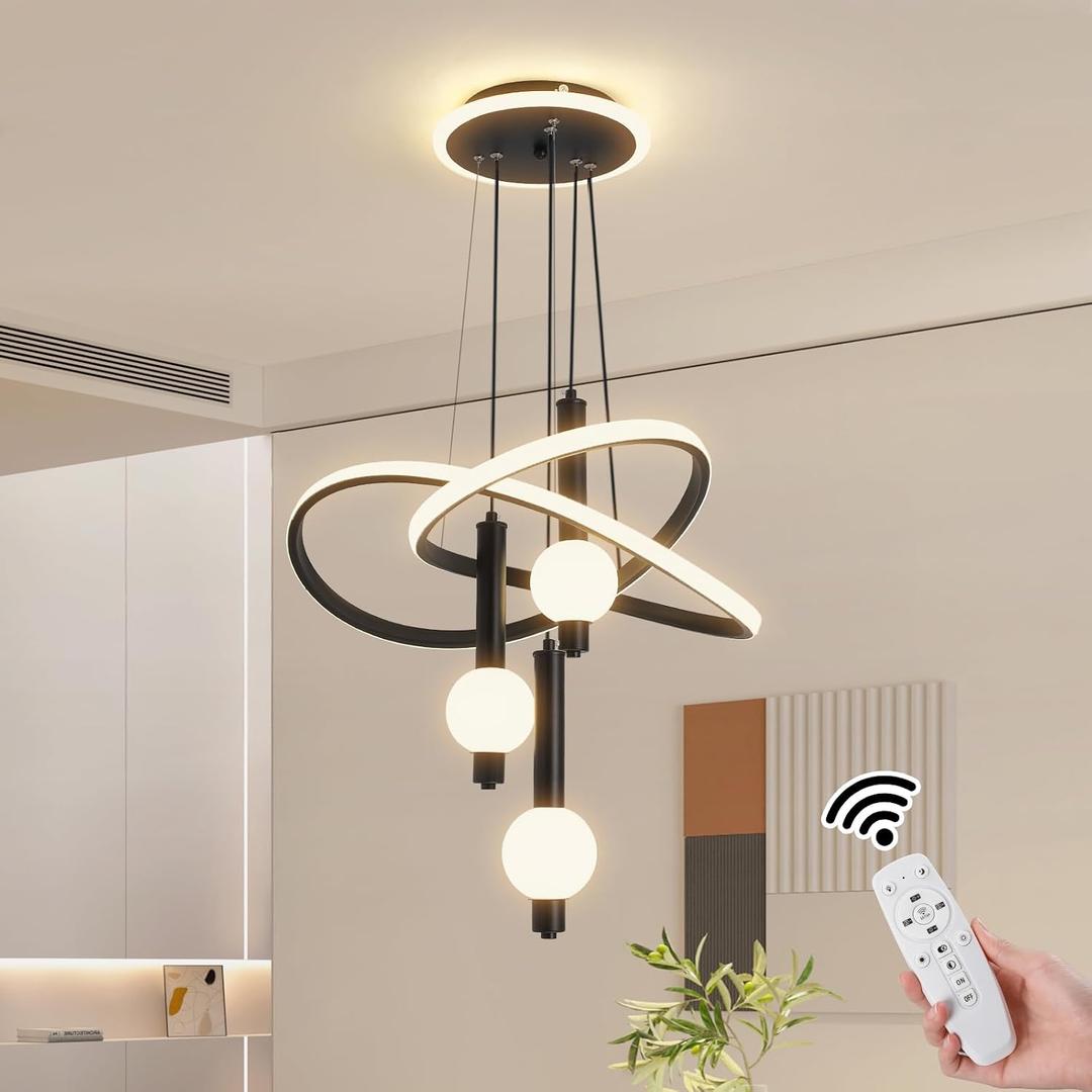 Modern Chandeliers for Dining Room, 19.69in LED Dimmable Kitchen Pendant Lamp, Black Ceiling Pendant Light Fixtures Over Table, Globe Ring Chandeliers for Living Room Bedroom Staircase