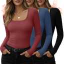 Huukeay 3 Pack Women's Thermal Long Sleeve Shirts Fleece Lined Square Neck Fitted Warm Winter Tops Base Layer Underwear (Medium, Black, Grapefruit Red, Haze Blue)
