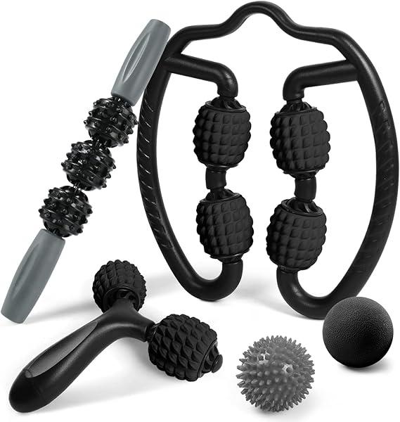 Odoland 5 in 1 Foam Roller Set Includes Massage Roller, Muscle Roller Stick, Massage Ball, Spikey Plantar Fasciitis Ball, Y Shaped Handheld Roller, Perfect for Deep Tissue Pain Relief